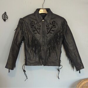 Vintage Leather Jacket  Black Fringe And Roses